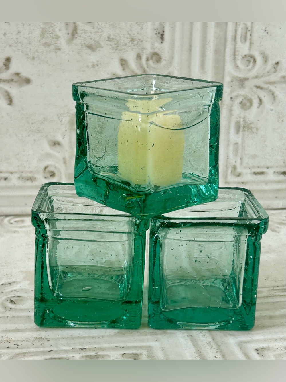 VTG Green Glass of Spain Set Of 3 Square Candle Holders Heavy Recycled Glass